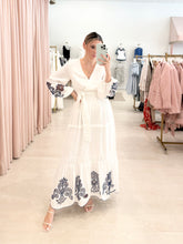 Load image into Gallery viewer, V Neck Maxi Dress with Navy Embroidery Detail
