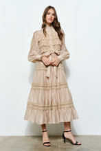 Load image into Gallery viewer, Crochet Lace Panel Satin Midi Dress