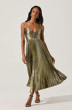 Load image into Gallery viewer, Blythe Metallic Plisse Midi Dress