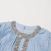 Load image into Gallery viewer, Crystal Trim Pleated Feather Sleeve Maxi Dress