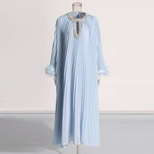 Load image into Gallery viewer, Crystal Trim Pleated Feather Sleeve Maxi Dress