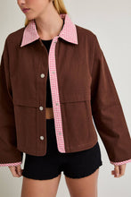 Load image into Gallery viewer, Gingham Contrast Trim Collared Shacket Jacket