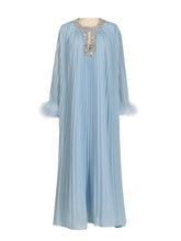 Load image into Gallery viewer, Crystal Trim Pleated Feather Sleeve Maxi Dress