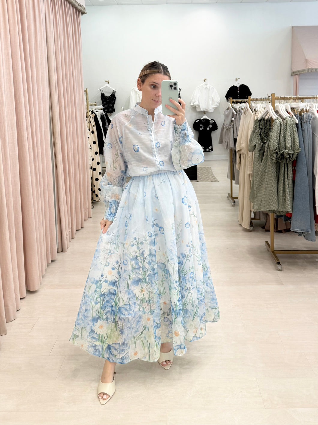 Light Blue Floral Maxi Skirt Set