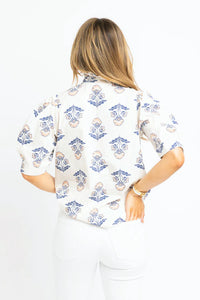 Block Print Floral Ruffle Neck Button Up