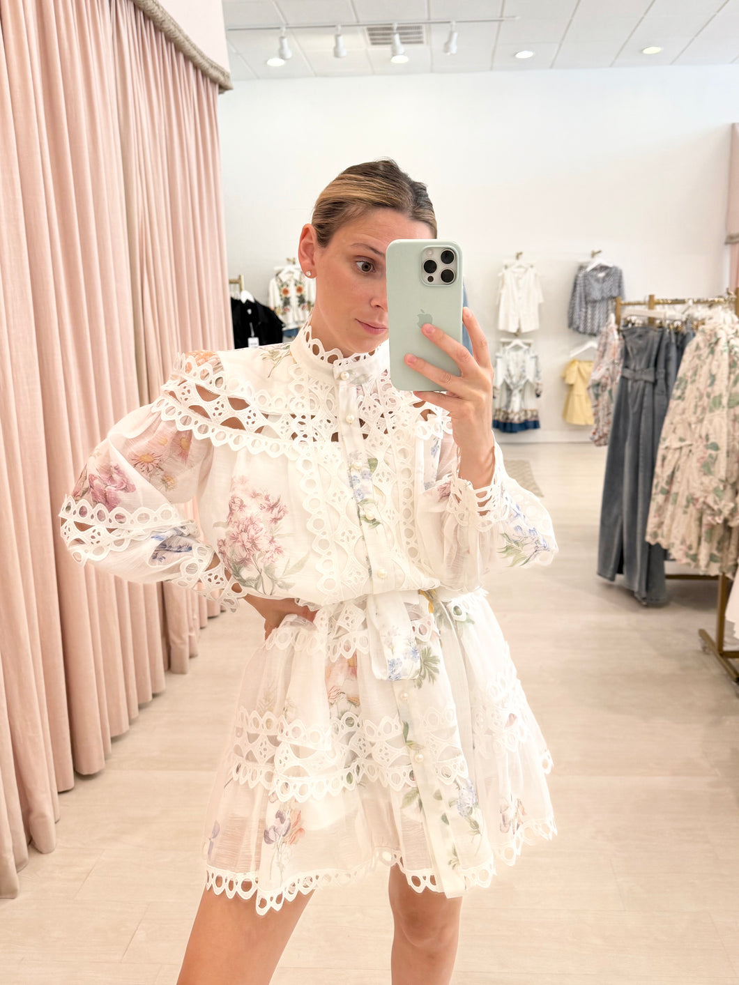 Long Sleeve Lace Trim Floral Dress