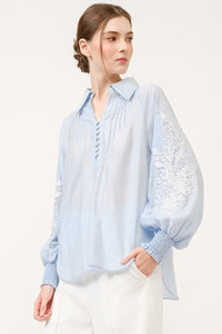 Long Balloon Sleeve Jewel Embroidery Blouse Top