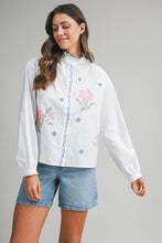Load image into Gallery viewer, Floral Embroidered Long Sleeve Ruffle Neck Blouse
