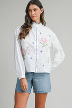 Load image into Gallery viewer, Floral Embroidered Long Sleeve Ruffle Neck Blouse
