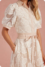 Load image into Gallery viewer, Floral Mesh Crochet Collared Midi Dress
