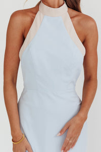 Light Blue Colorblock Halter Midi Dress