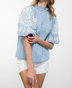 Stripe Embroidered Puff Sleeve Top