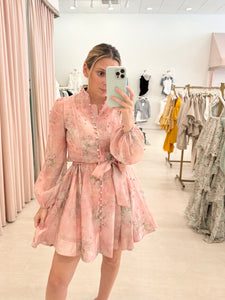 Blush Floral Tie Waist Flared Mini Dress
