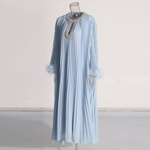 Load image into Gallery viewer, Crystal Trim Pleated Feather Sleeve Maxi Dress
