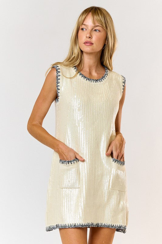 Sequin Stitch Pocket Mini Dress