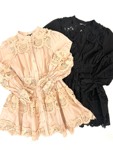 Delicate Lace-panel Button-up Flare Mini Dress
