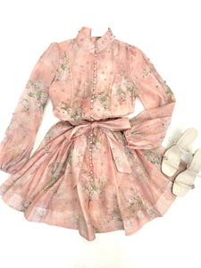 Blush Floral Tie Waist Flared Mini Dress