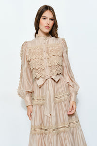 Crochet Lace Panel Satin Midi Dress