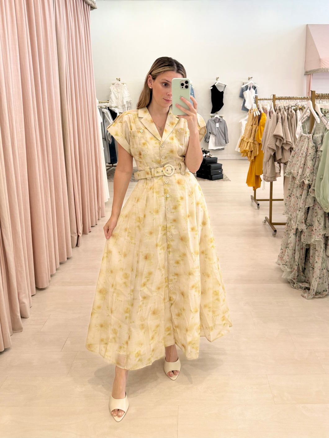 Yellow Floral Belted  Midi