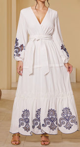 V Neck Maxi Dress with Navy Embroidery Detail