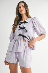 Stripe Bow Short Sleeve Bow Set