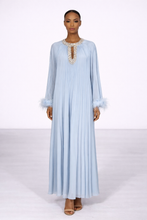 Load image into Gallery viewer, Crystal Trim Pleated Feather Sleeve Maxi Dress
