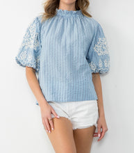Load image into Gallery viewer, Stripe Embroidered Puff Sleeve Top

