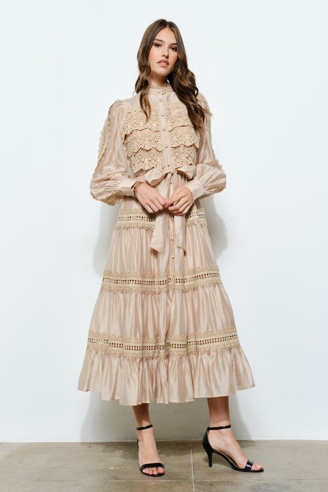 Crochet Lace Panel Satin Midi Dress