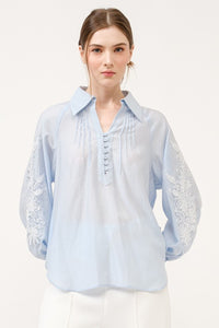 Long Balloon Sleeve Jewel Embroidery Blouse Top