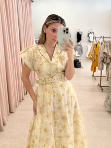 Yellow Floral Belted  Midi