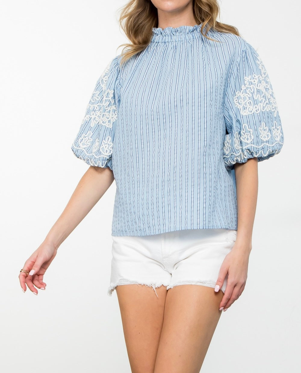 Stripe Embroidered Puff Sleeve Top