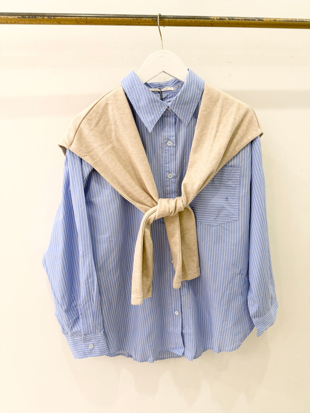 Stripe Shirt with Layered Knit Sleeve Top