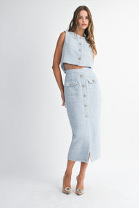 Sleeveless Tweed Crop Top And Midi Skirt Set