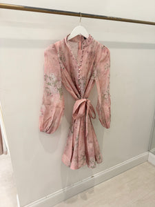 Blush Floral Tie Waist Flared Mini Dress