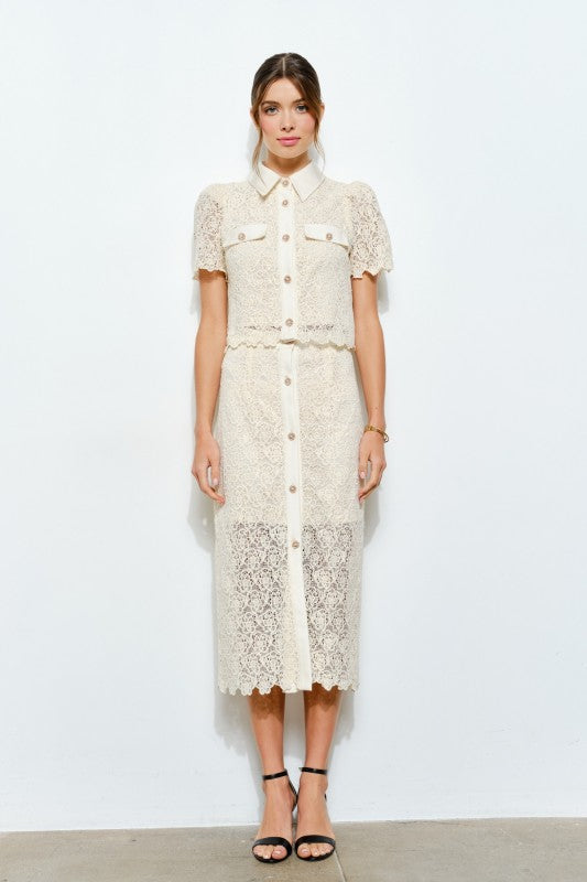 Lace Collar Midi Skirt Set