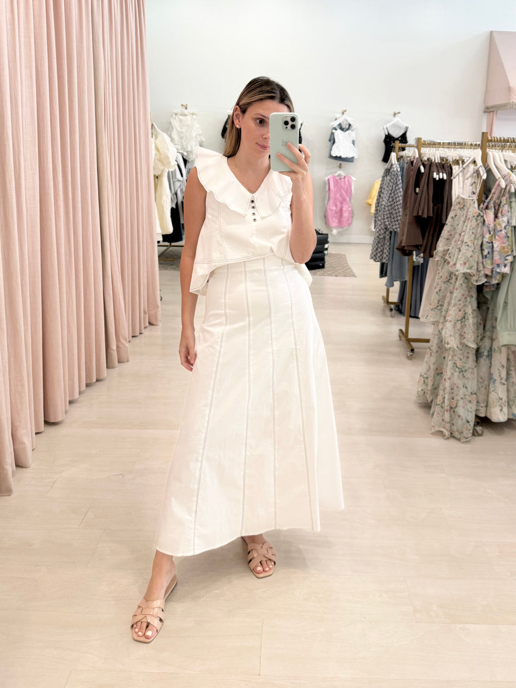 Flutter Sleeve Poplin Midi Skirt Set