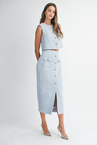 Sleeveless Tweed Crop Top And Midi Skirt Set
