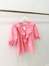 Load image into Gallery viewer, Denim Pleated Ruffle Blouse
