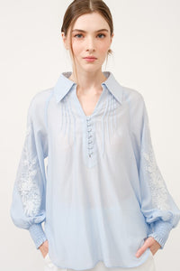 Long Balloon Sleeve Jewel Embroidery Blouse Top