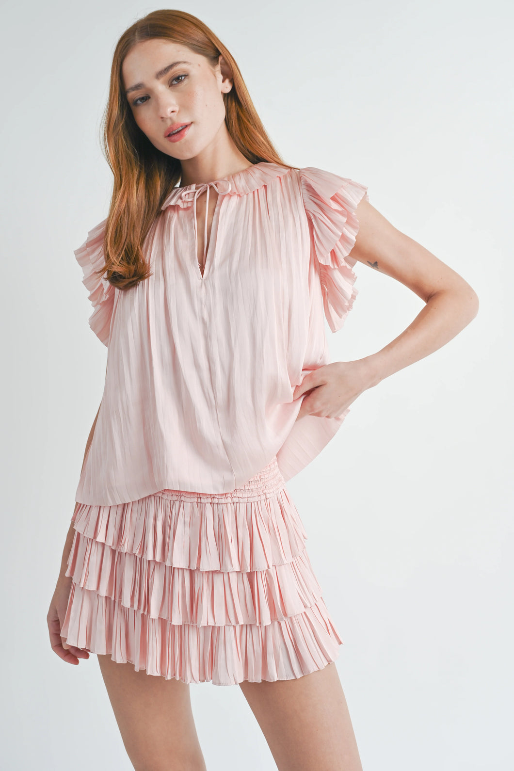 Light Pink Silky Ruffle Blouse Skirt Set