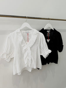 V-neck Lace Ruffle Puff Sleeve Blouse