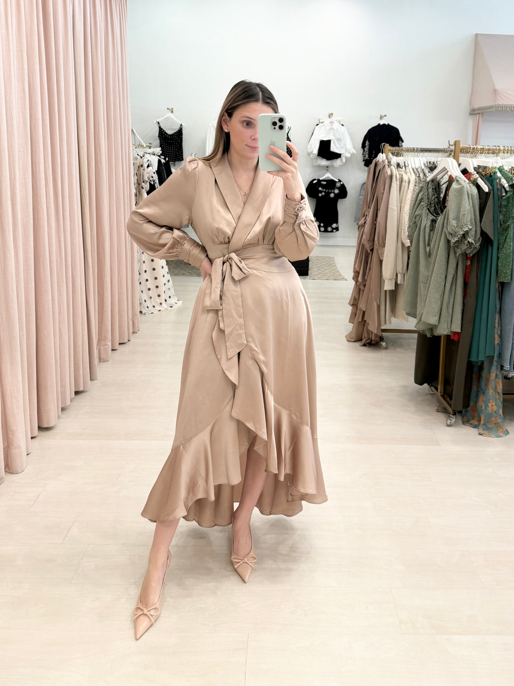 Long Sleeve Wrap Satin Dress