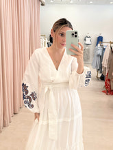 Load image into Gallery viewer, V Neck Maxi Dress with Navy Embroidery Detail
