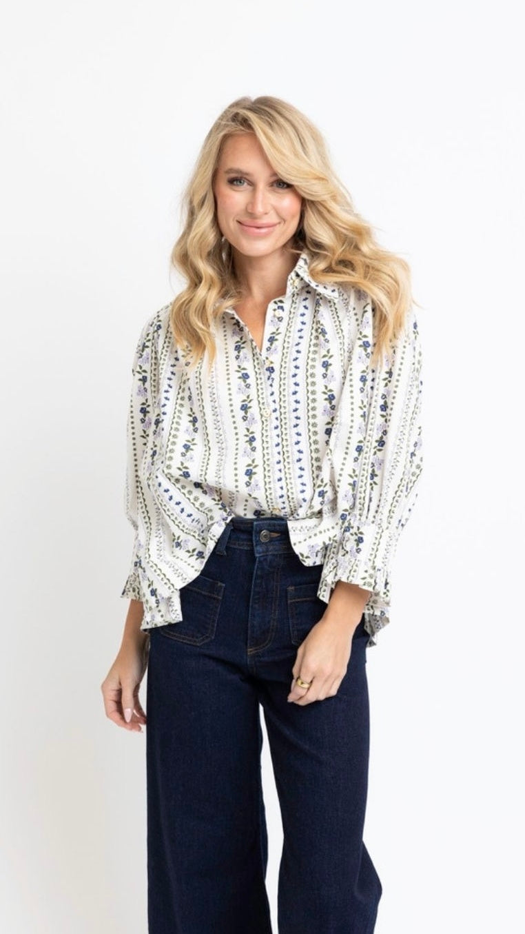 French Floral Button Up Puff Sleeve Top