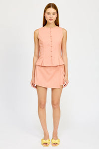 Sleeveless Button Front Kiss Pleat Peplum Top