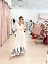 Load image into Gallery viewer, V Neck Maxi Dress with Navy Embroidery Detail

