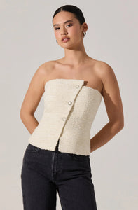 Moina Asymmetrical Strapless Tweed Top in Ivory