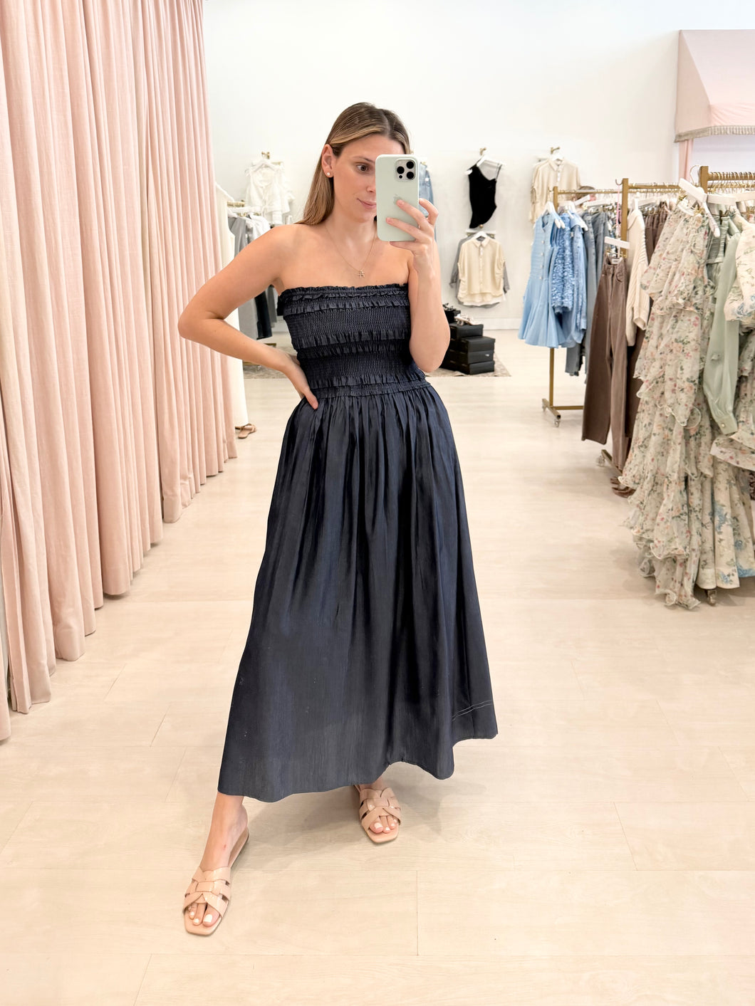 Smocked Strapless Midi Dress