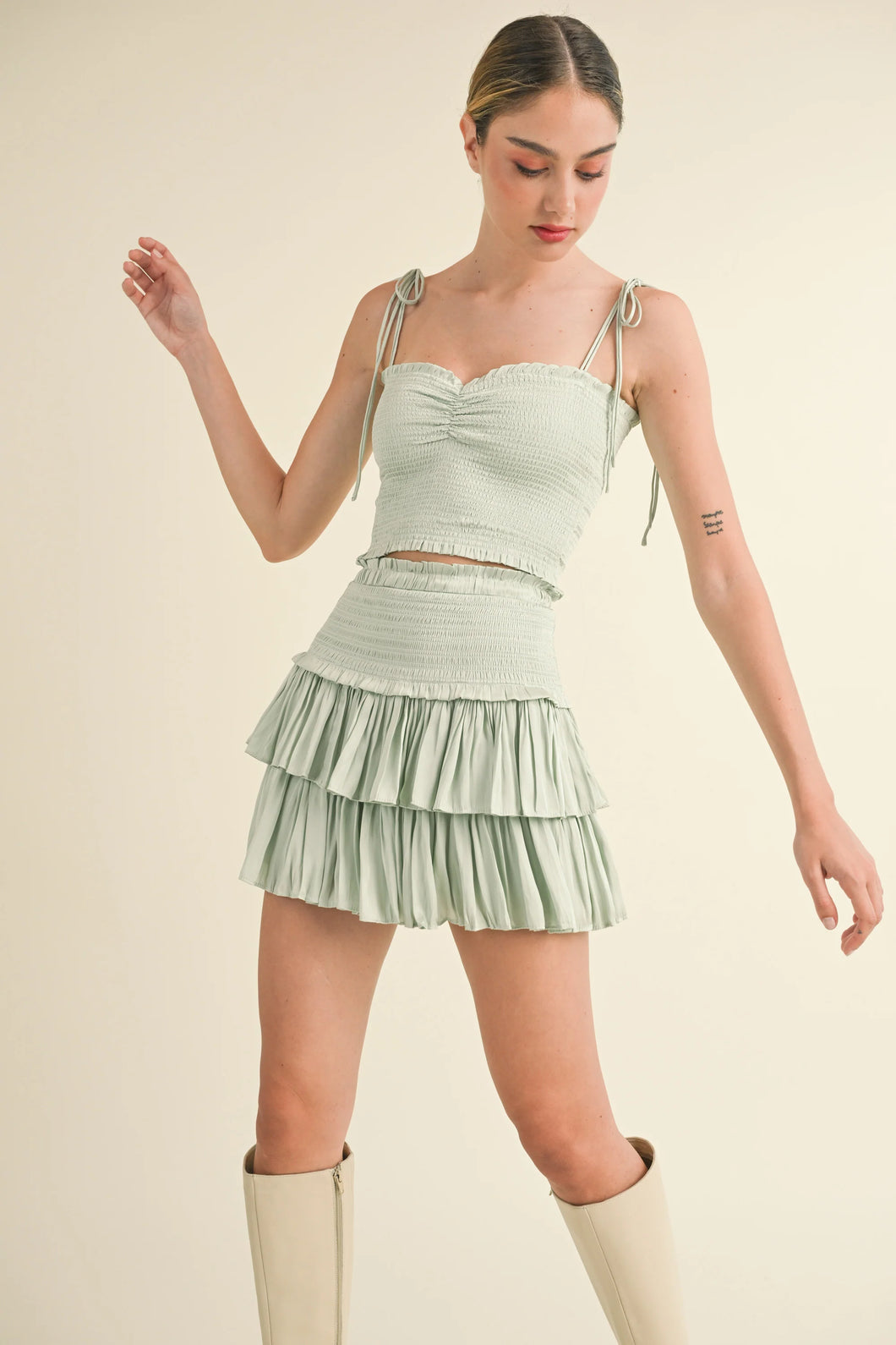 Pistachio Silky Smocked Tank Skirt Set