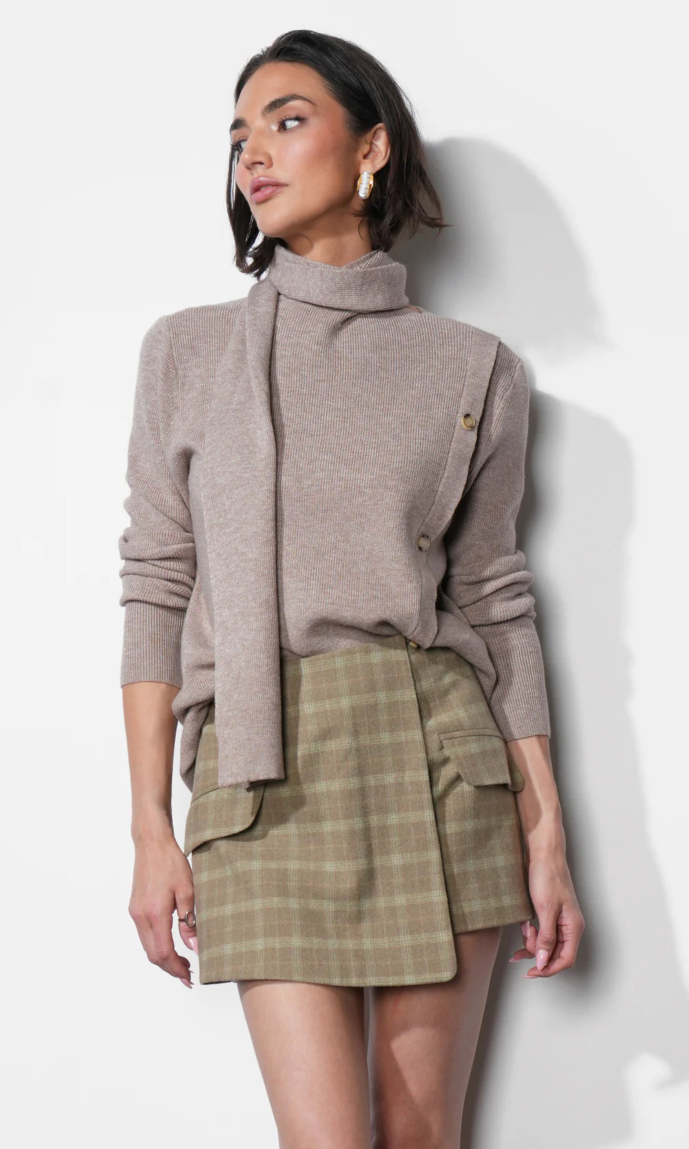 Acacia Scarf Neck Asymmetric Button Up Sweater